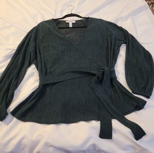 Dark green ribbed wrap top balloon sleeves Sz X